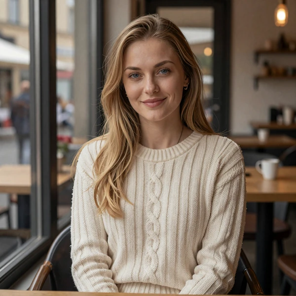 Friendly Eastern European woman in cream sweater smiling in a cafe, illustrative dating profile