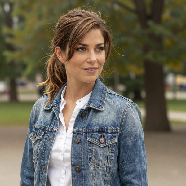 Mediterranean woman in denim jacket smiling in a green park, illustrative dating profile