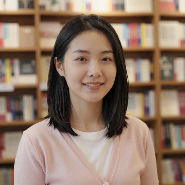 East Asian woman in pink cardigan laughing in a cozy bookshop, illustrative dating profile