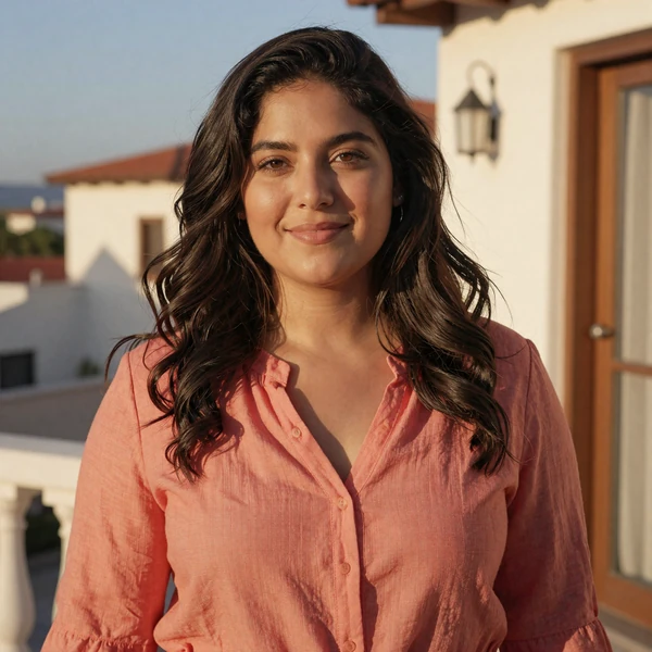 Latin American woman with wavy hair in coral blouse smiling on a sunny terrace, illustrative dating profile